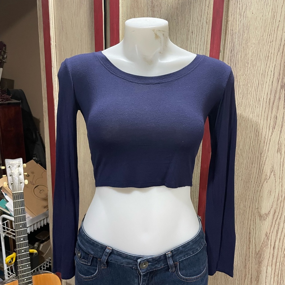 Topshop Dark Blue Long Sleeve Crop Top